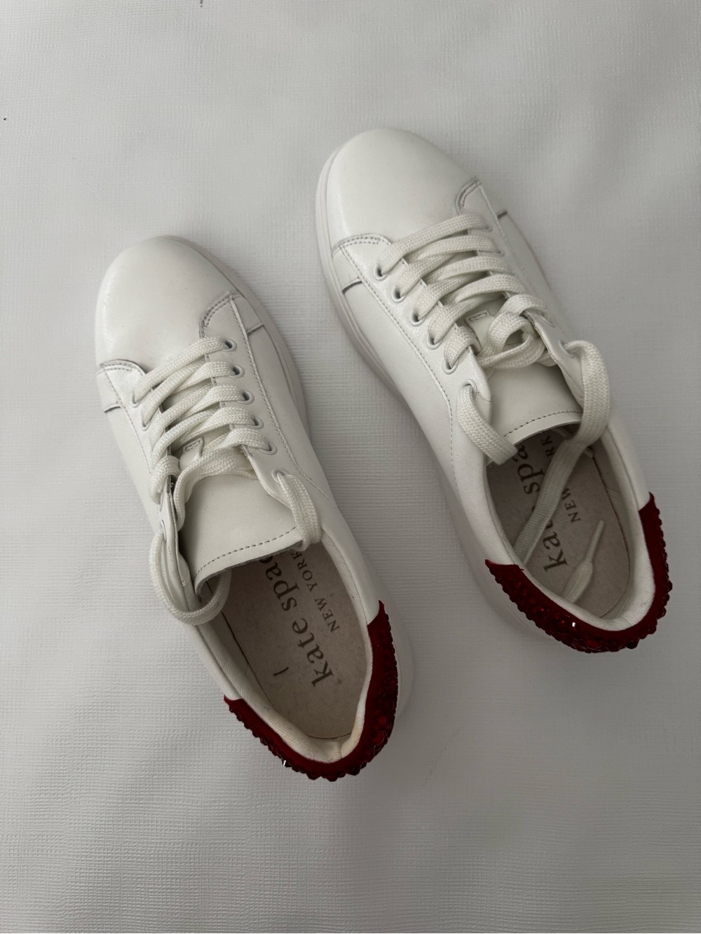 kate spade White Leather Lift Sneakers Red Crystal Accents Sz 8